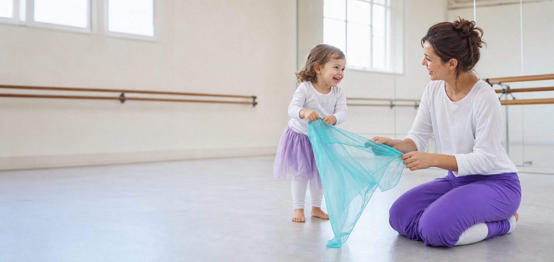 Mother and toddler dancing together with a turquoise scarf